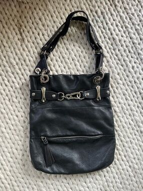 b. makowsky Black Leather Shoulder Bag with Silver Hardware
